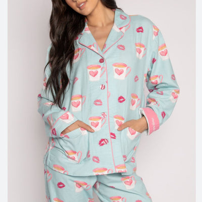 PJ Salvage Flannel 2-Pc PJ Set with Headband RKFLPJ-Loungewear-PJ Salvage-Aqua-XSmall-Anna Bella Fine Lingerie, Reveal Your Most Gorgeous Self!