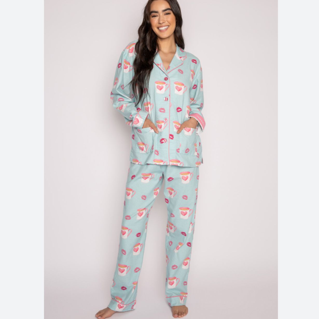 PJ Salvage Flannel 2-Pc PJ Set with Headband RKFLPJ-Loungewear-PJ Salvage-Aqua-XSmall-Anna Bella Fine Lingerie, Reveal Your Most Gorgeous Self!