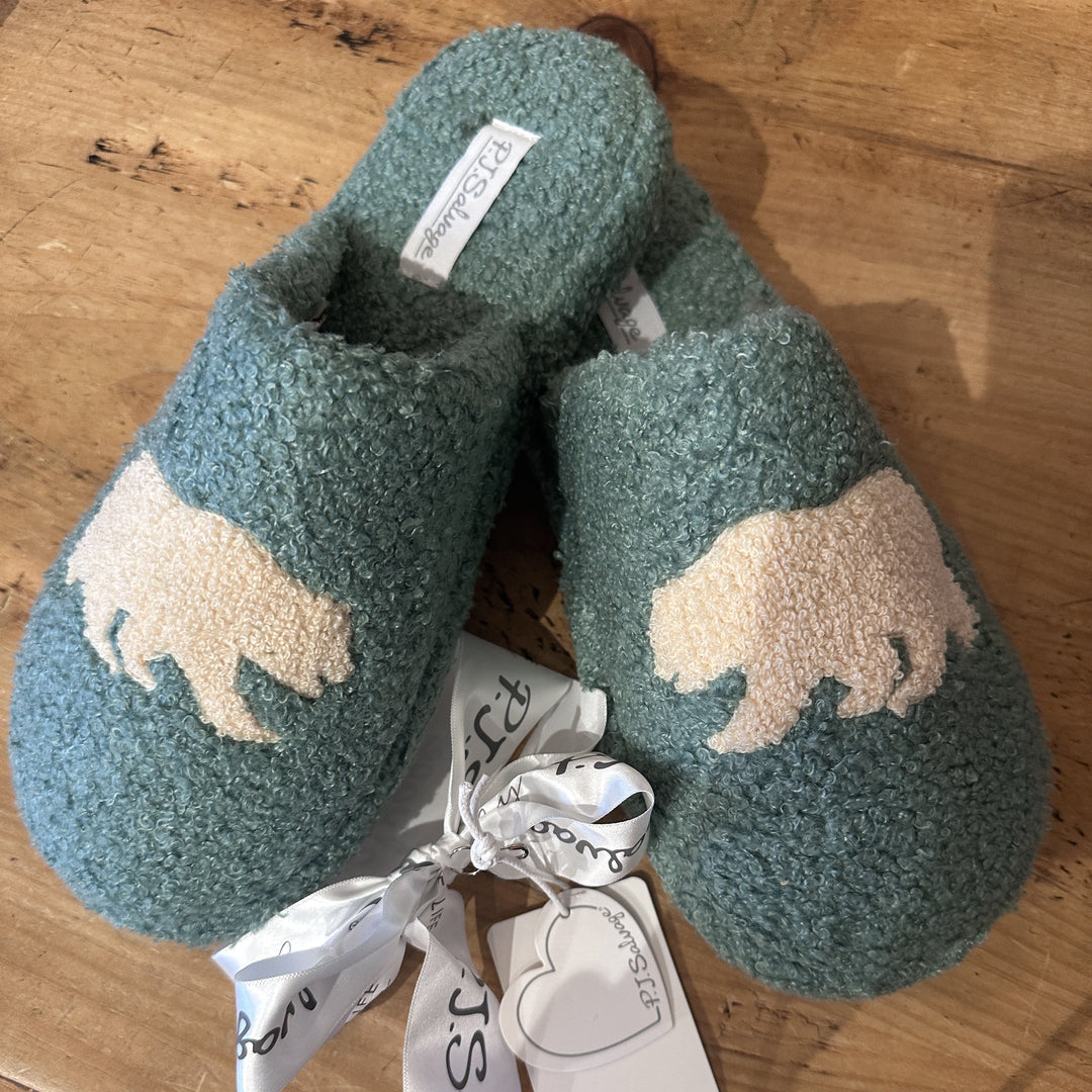 PJ Salvage Grizzlies Sherpa Platform Slippers PJSK0599-Socks &amp; Slippers-PJ Salvage-Green with Grizzly-Small-Anna Bella Fine Lingerie, Reveal Your Most Gorgeous Self!