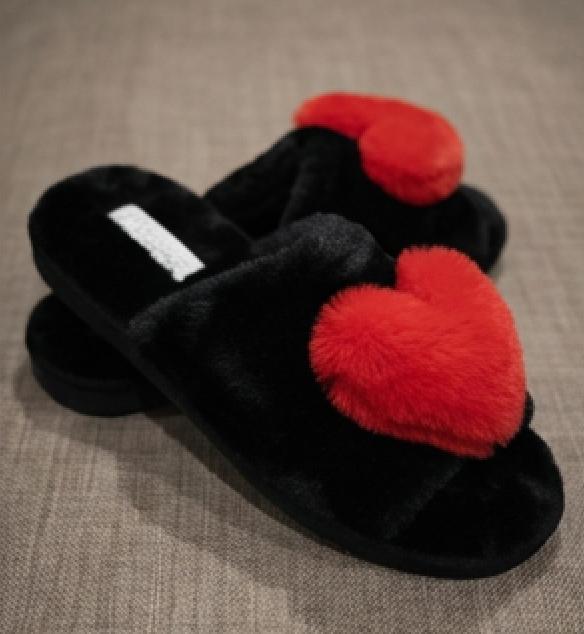 PJ Salvage Heart Slides in Black with Red Heart RRLSSL-Socks &amp; Slippers-PJ Salvage-Black with Red Heart-Small-Anna Bella Fine Lingerie, Reveal Your Most Gorgeous Self!