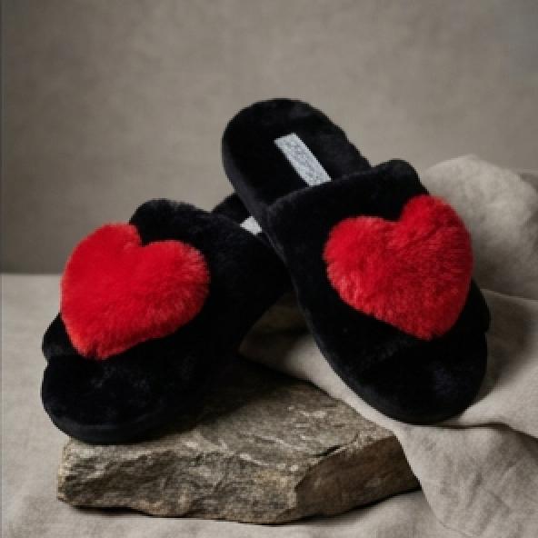 PJ Salvage Heart Slides in Black with Red Heart RRLSSL-Socks &amp; Slippers-PJ Salvage-Black with Red Heart-Small-Anna Bella Fine Lingerie, Reveal Your Most Gorgeous Self!