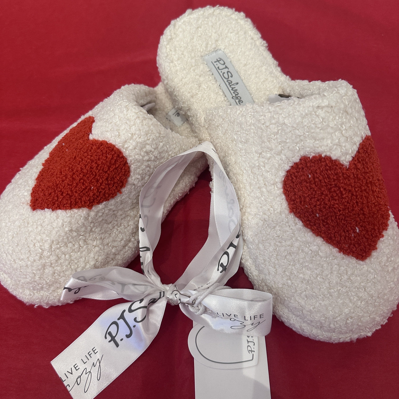 PJ Salvage Ivory Heart Slippers 145219-Anna Bella Fine Lingerie-Ivory with Red Heart-Small-