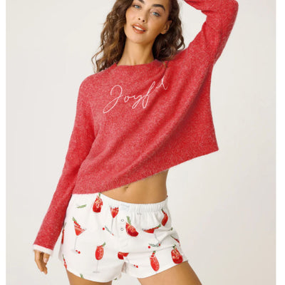 PJ Salvage Joyful Long Sleeve Sweater and Flannel Short PJ Set RPFLLS2-Anna Bella Fine Lingerie-Red and Ivory-XSmall-