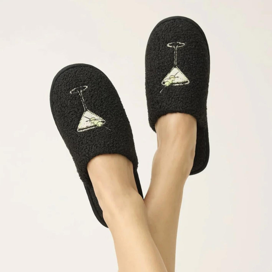 PJ Salvage Merrier With a Martini Slippers 145219-Socks & Slippers-PJ Salvage-Black with Martini Glass-Small-Anna Bella Fine Lingerie, Reveal Your Most Gorgeous Self!
