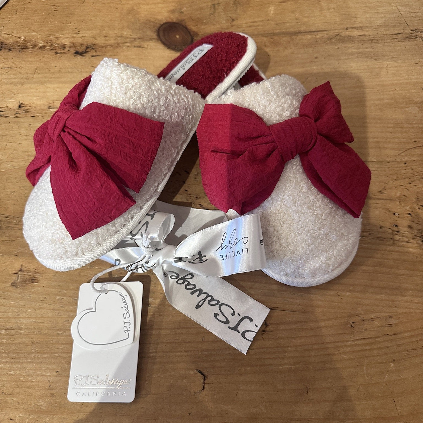 PJ Salvage Red Bow Sherpa Platform Slippers-Anna Bella Fine Lingerie-Ivory with Red Bow-Small-