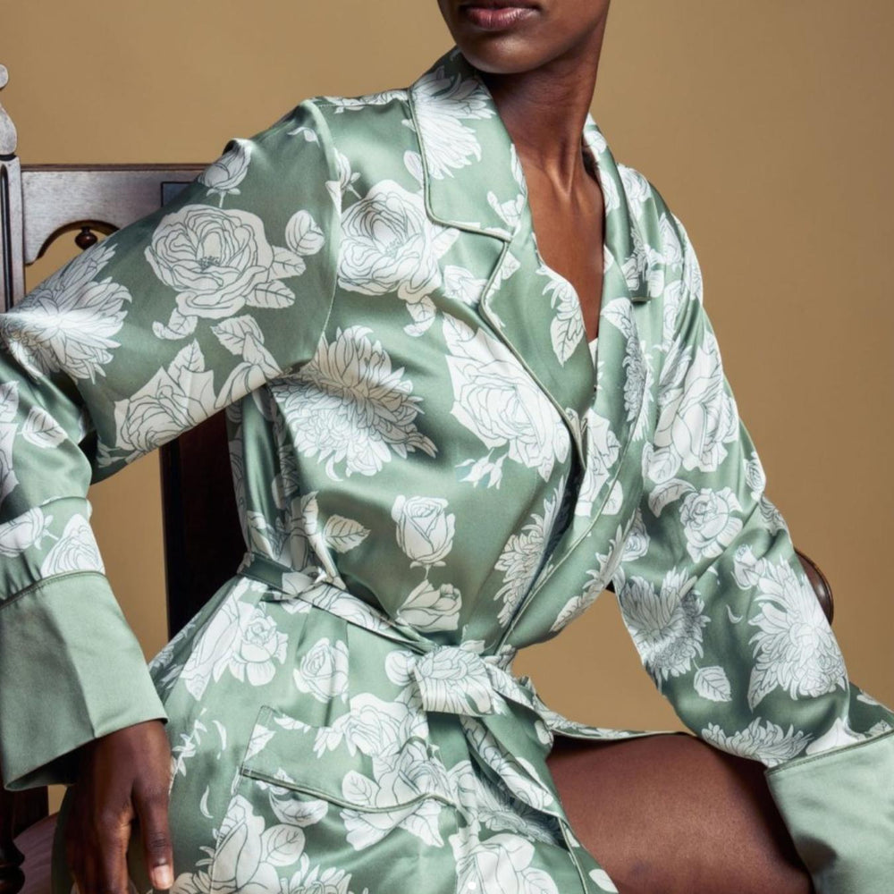 Petite Plume Women's Silk Robe in Sage Bloom-Robes-Petite Plume-Small-Anna Bella Fine Lingerie, Reveal Your Most Gorgeous Self!