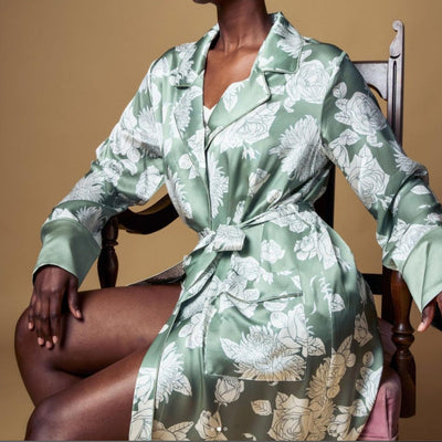 Petite Plume Women's Silk Robe in Sage Bloom-Robes-Petite Plume-Small-Anna Bella Fine Lingerie, Reveal Your Most Gorgeous Self!