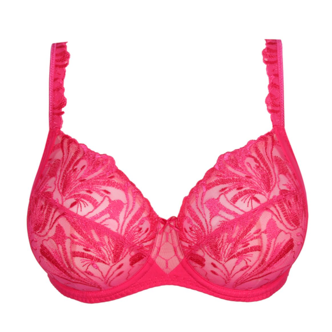 Prima Donna Disah Full Cup Bra 0163420-Anna Bella Fine Lingerie-Experience the glamour and comfort of this corset-style full cup bra! The tulle cups, adorned with beautiful flowery embroidery and a stylish graphic pattern, provide romantic style. Meanwhile, an opaque side panel flatters your figure in a powerful Electric Pink shade that’s perfect for summer.