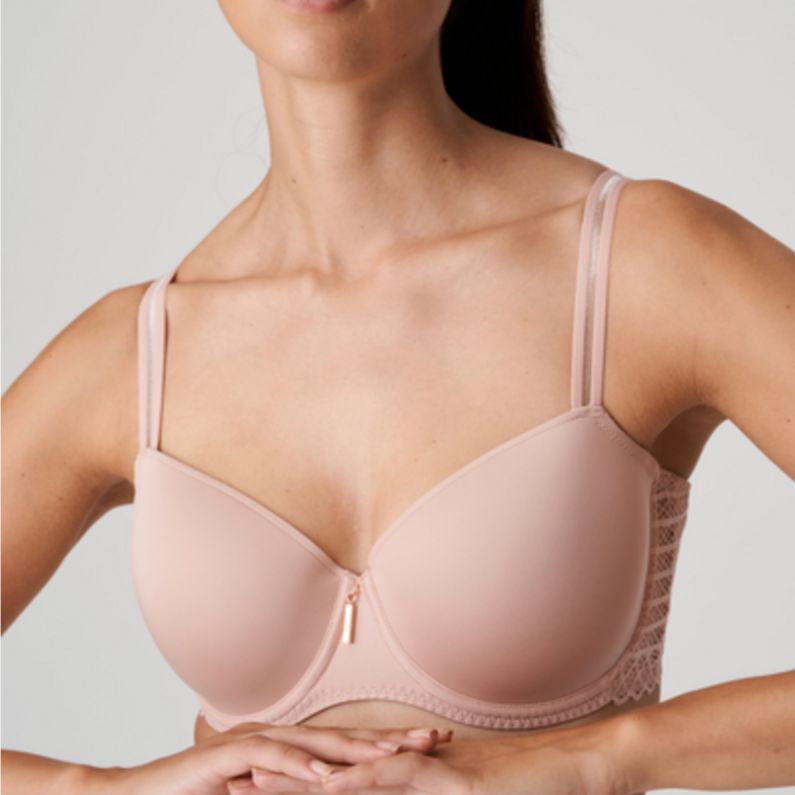 Prima Donna Twist East End Balcony Bra 0241932 in Powder Rose-Anna Bella Fine Lingerie-This balcony bra gives you the best of both worlds: a sexy look and comfortable fit. It has geometric lace on the front and elegant straps. An understated lace pattern at the sides and a pendant at the front completes the look. Powder Rose is a soft pink nude hue that looks incredible under light summer outfits.