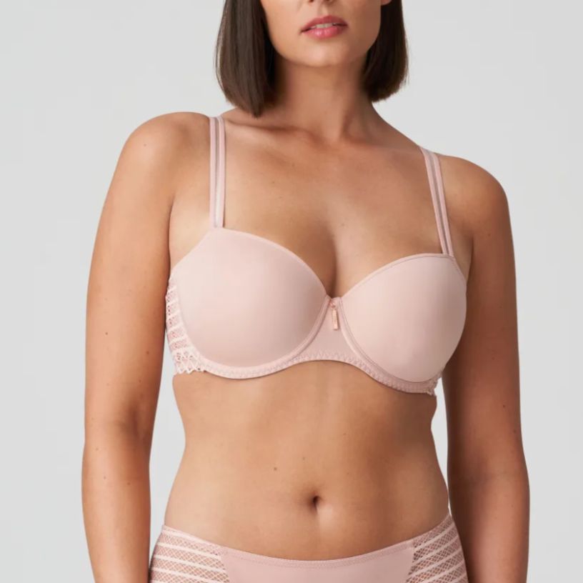 Prima Donna Twist East End Balcony Bra 0241932 in Powder Rose-Anna Bella Fine Lingerie-This balcony bra gives you the best of both worlds: a sexy look and comfortable fit. It has geometric lace on the front and elegant straps. An understated lace pattern at the sides and a pendant at the front completes the look. Powder Rose is a soft pink nude hue that looks incredible under light summer outfits.