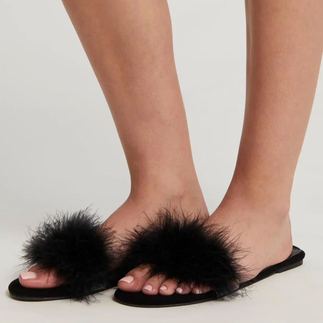 Rya Collection Feather Slippers in Black S01-Socks &amp; Slippers-Rya Collection-Black-XSmall/Small-Anna Bella Fine Lingerie, Reveal Your Most Gorgeous Self!