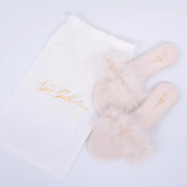 Rya Collection Feather Slippers in Champagne S01-Socks &amp; Slippers-Rya Collection-Champagne-XSmall/Small-Anna Bella Fine Lingerie, Reveal Your Most Gorgeous Self!