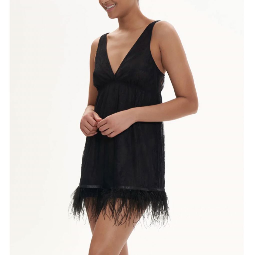 Rya Collection Jasmine Chemise 584 in Black-Anna Bella Fine Lingerie-Every lace lover’s dream: The Jasmine Chemise. Intricately made with artistic lace details and turkey feathers to bring your bedroom look to its highest potential. Pair itwith the Jasmine Cover Up for the most elevated look.