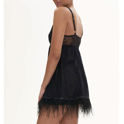 Rya Collection Jasmine Chemise 584 in Black-Anna Bella Fine Lingerie-Every lace lover’s dream: The Jasmine Chemise. Intricately made with artistic lace details and turkey feathers to bring your bedroom look to its highest potential. Pair itwith the Jasmine Cover Up for the most elevated look.