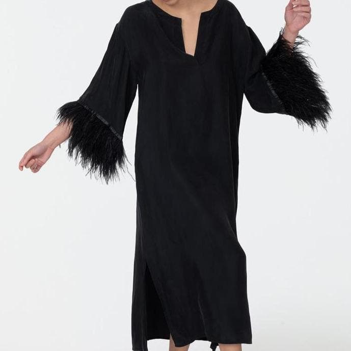 Rya Collection Swan Caftan 539 in Black-Anna Bella Fine Lingerie-The Swan Caftan is a lustrous and regal silhouette for any moment of decadence. This style features ostrich feathers on a soft and comfortable Cupro fabrication. Details: • 60% Cupro, 40% Viscose and Ostrich feathers