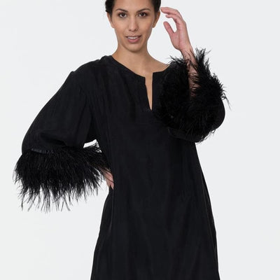 Rya Collection Swan Caftan 539 in Black-Anna Bella Fine Lingerie-The Swan Caftan is a lustrous and regal silhouette for any moment of decadence. This style features ostrich feathers on a soft and comfortable Cupro fabrication. Details: • 60% Cupro, 40% Viscose and Ostrich feathers