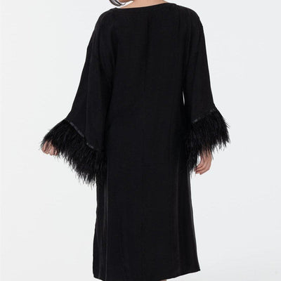 Rya Collection Swan Caftan 539 in Black-Anna Bella Fine Lingerie-The Swan Caftan is a lustrous and regal silhouette for any moment of decadence. This style features ostrich feathers on a soft and comfortable Cupro fabrication. Details: • 60% Cupro, 40% Viscose and Ostrich feathers