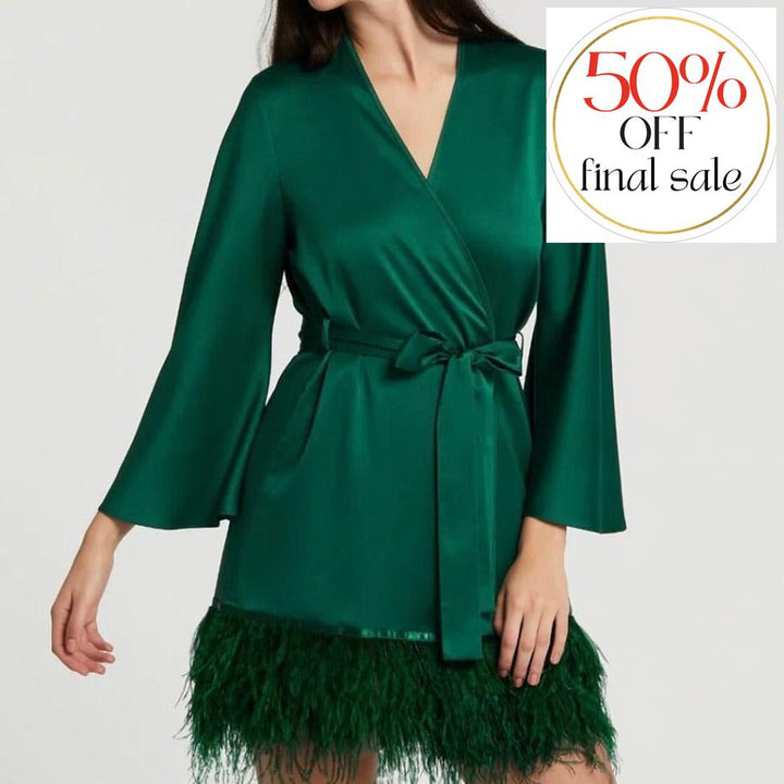 Rya Collection Swan Cover-Up with Ostrich Feathers in Emerald 394”-Robes-Rya Collection-Emerald-XSmall/Small-Anna Bella Fine Lingerie, Reveal Your Most Gorgeous Self!