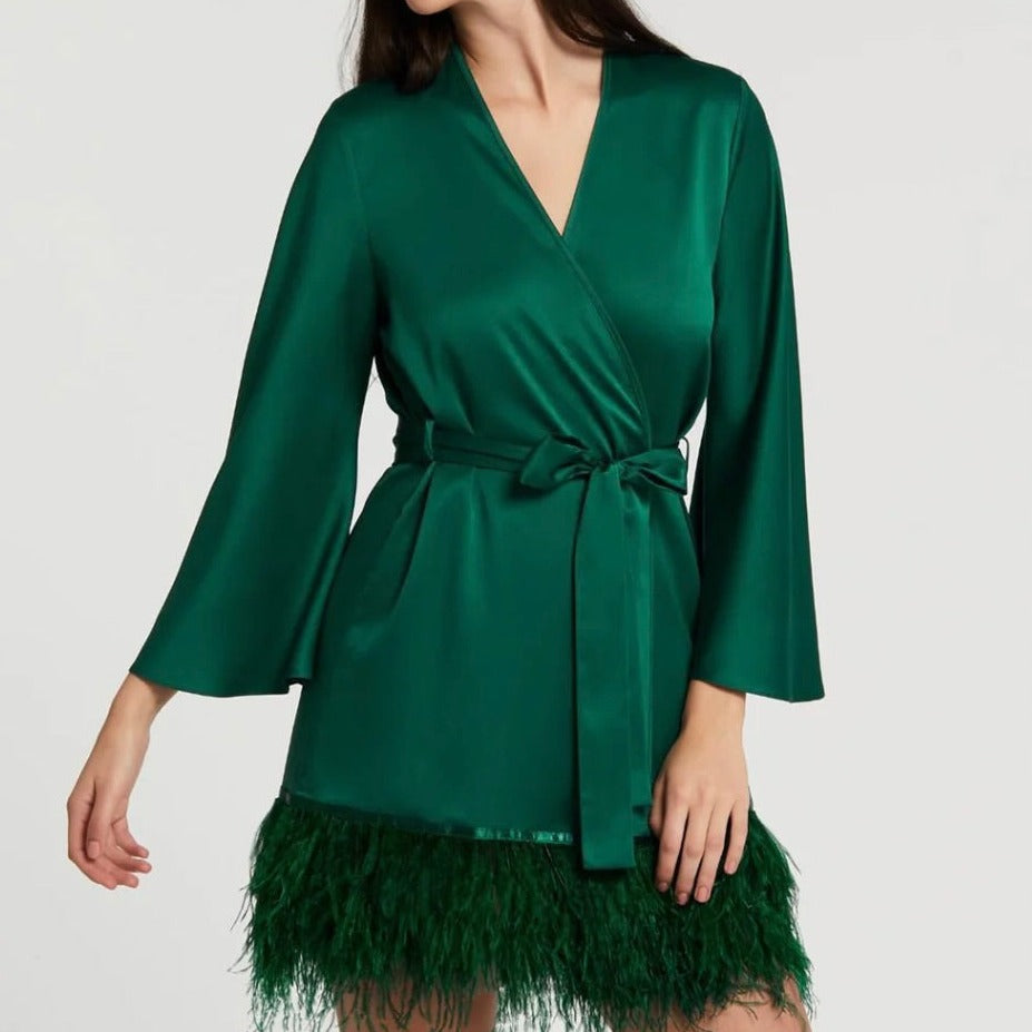 Rya Collection Swan Cover-Up with Ostrich Feathers in Emerald 394”-Robes-Rya Collection-Emerald-XSmall/Small-Anna Bella Fine Lingerie, Reveal Your Most Gorgeous Self!