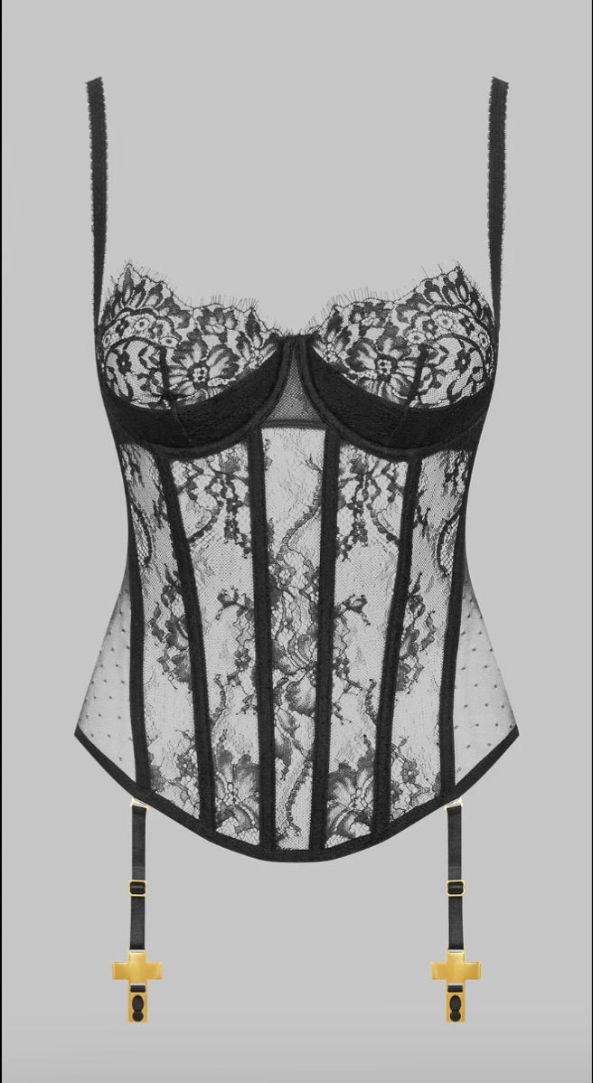 Scandale Inspiration Divine Lace Corset with Cross Garters 565646-Corsets-Scandale-Black-32-B-Anna Bella Fine Lingerie, Reveal Your Most Gorgeous Self!