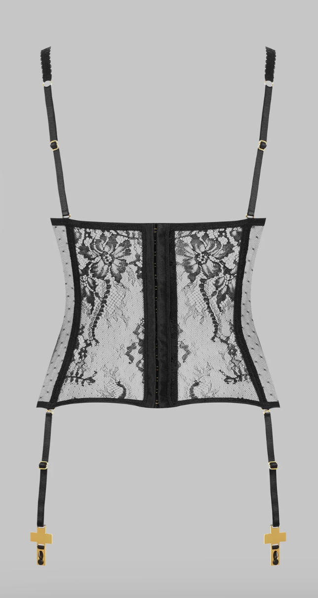 Scandale Inspiration Divine Lace Corset with Cross Garters 565646-Corsets-Scandale-Black-32-B-Anna Bella Fine Lingerie, Reveal Your Most Gorgeous Self!