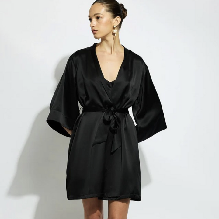 Ginia Silk Wrap Robe in Black GBS600