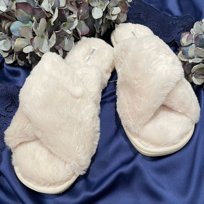 Flora Nikrooz Victoria Criss Cross Slipper in Parchment S10005-Socks & Slippers-Flora Nikrooz-Parchment-Small-Anna Bella Fine Lingerie, Reveal Your Most Gorgeous Self!
