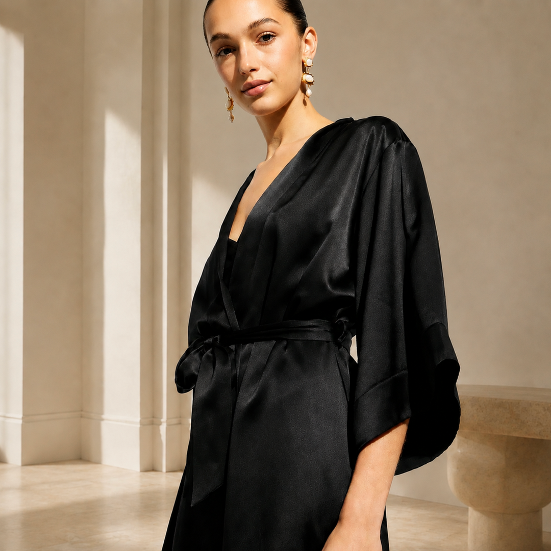 Ginia Silk Wrap Robe in Black GBS600