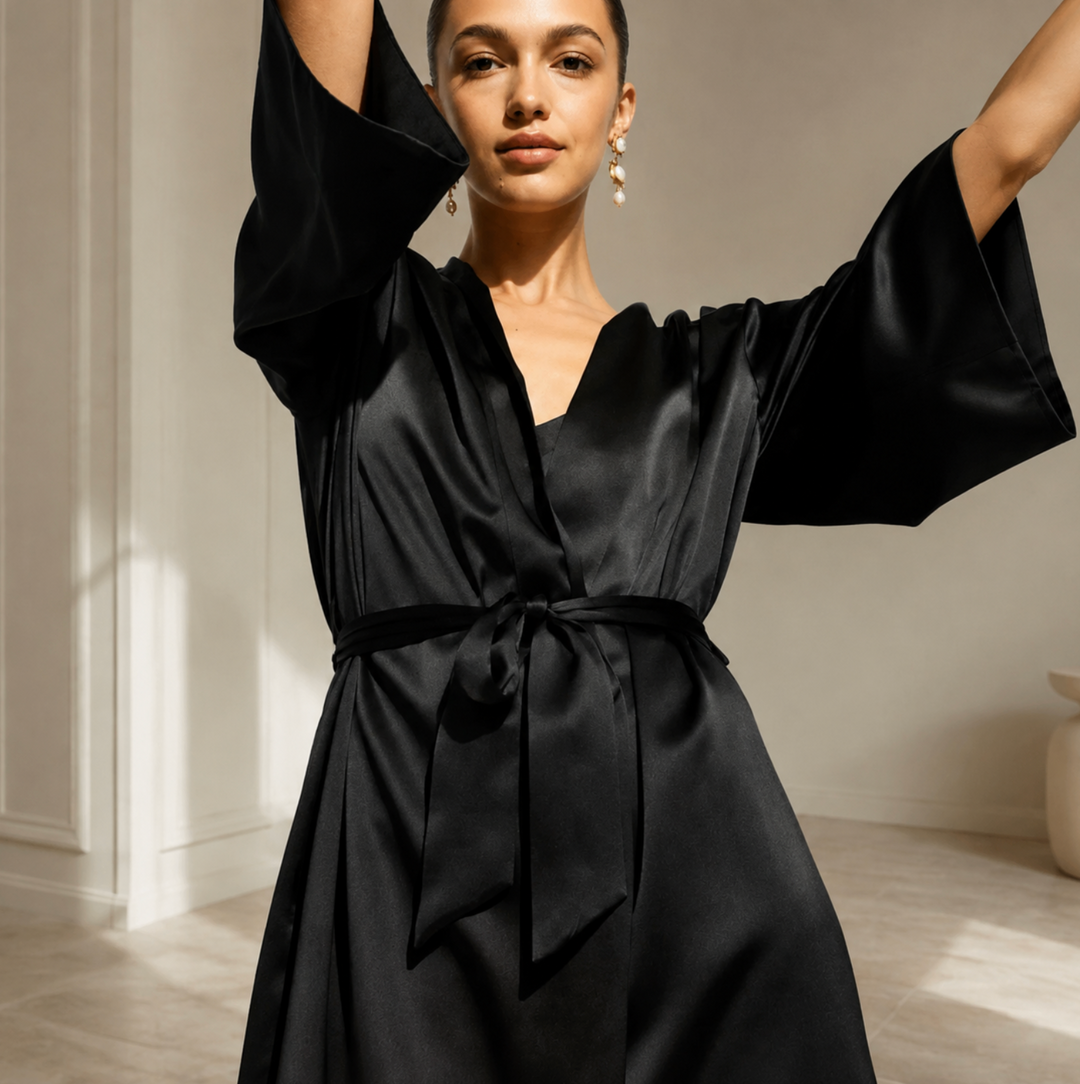 Ginia Silk Wrap Robe in Black GBS600