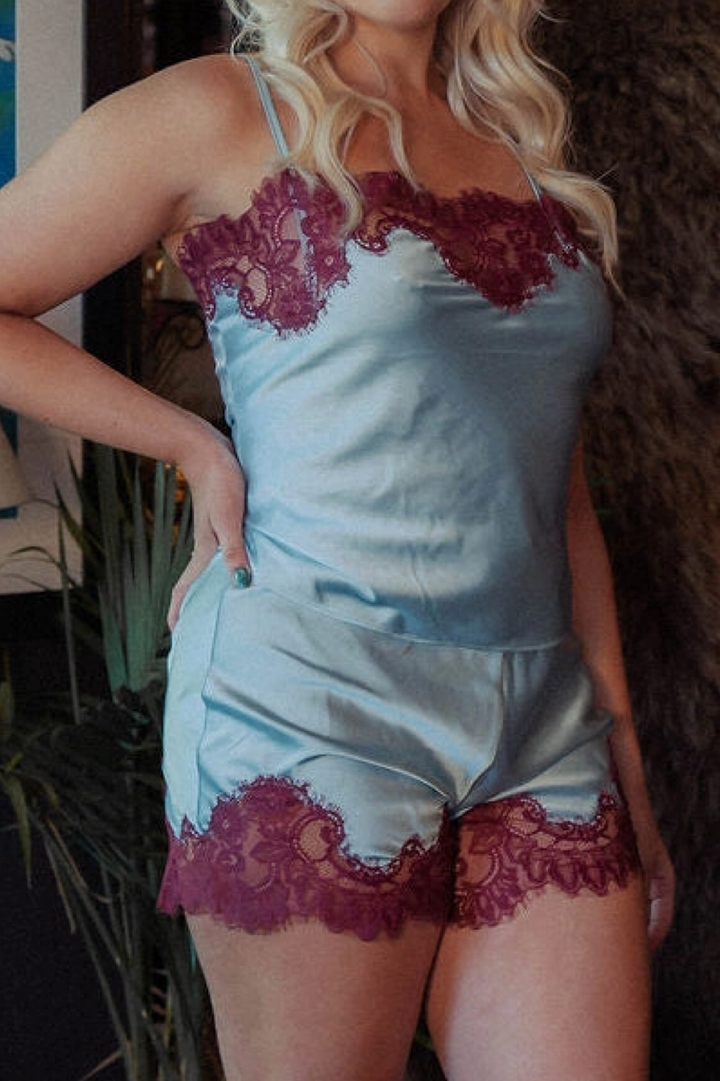 Kilo Brava Satin &amp; Eyelash Lace Cami Short Set in Icy Blue 12392