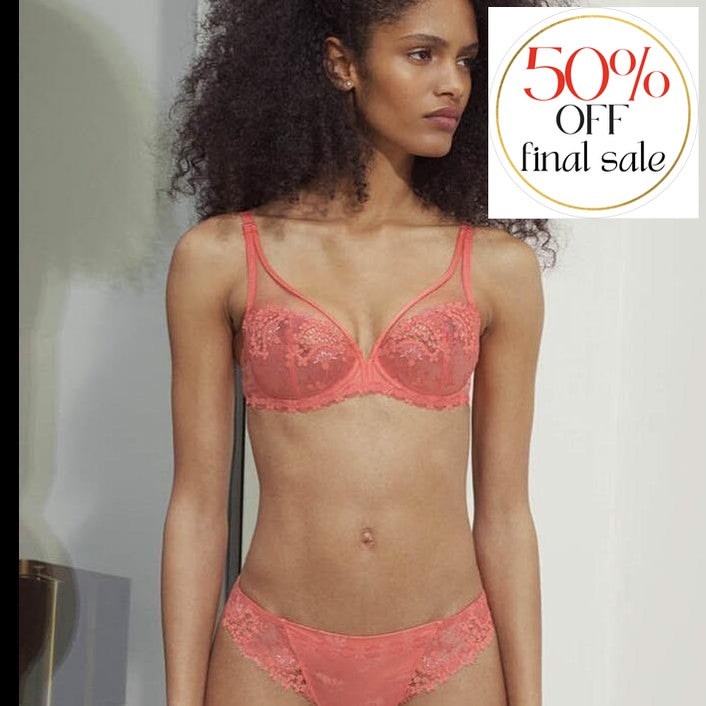Simone Perele Wish Sheer Plunge Bra in Coral 12B319-Bras-Simone Perele-Coral-34-E-Anna Bella Fine Lingerie, Reveal Your Most Gorgeous Self!