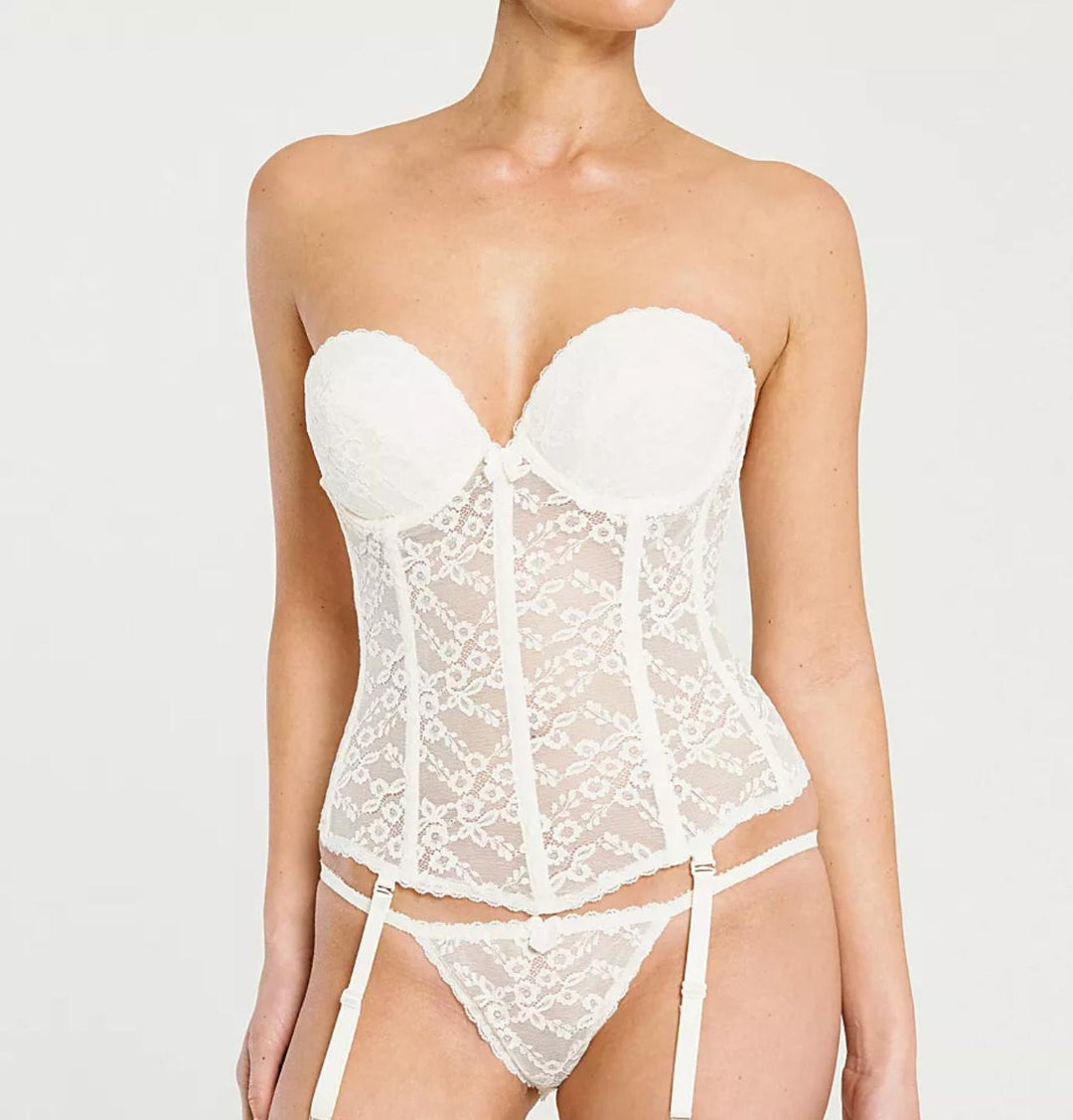 Va Bien All Lace Bustier 7474 in White &amp; Cream-Corsets / Bustiers-Va Bien-Cream-32-C-Anna Bella Fine Lingerie, Reveal Your Most Gorgeous Self!