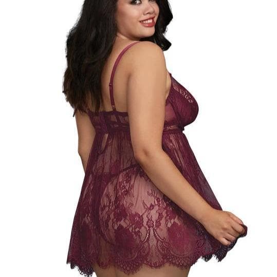 Dreamgirl Eyelash Lace Babydoll with Satin Elastic Detailing 11807-Seduction-Dreamgirl-Mulberry-Small-Anna Bella Fine Lingerie, Reveal Your Most Gorgeous Self!