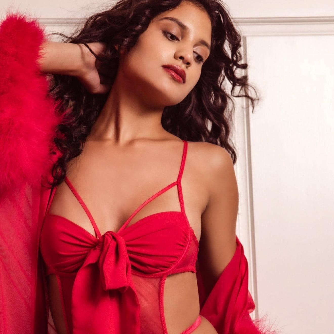 Jonquil Heidi Feather Wrap in Bright Red HED030-Robes-Jonquil in Bloom-Bright Red-XSmall/Small-Anna Bella Fine Lingerie, Reveal Your Most Gorgeous Self!