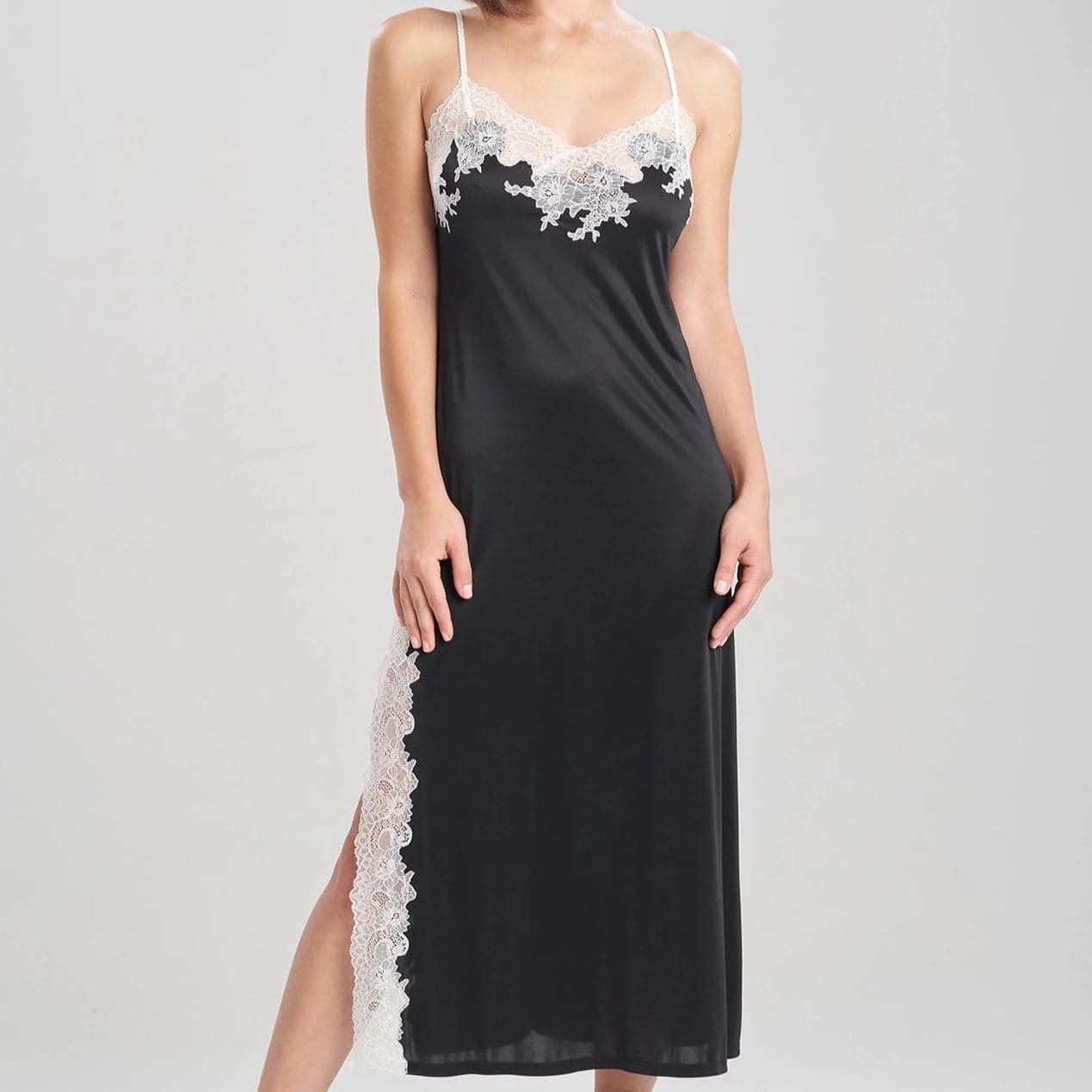 Natori Enchant Lace Slit Gown in Black with Ivory Lace P73012-Loungewear-Natori-Black and Ivory-Small-Anna Bella Fine Lingerie, Reveal Your Most Gorgeous Self!