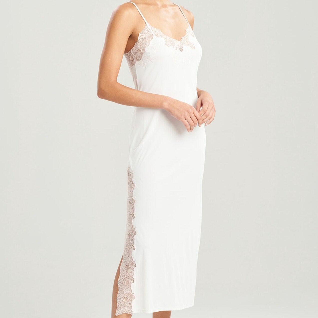 Natori Enchant Lace Slit Gown in Ivory / Pink Lace P73012-Loungewear-Natori-Ivory / Pink Lace-XSmall-Anna Bella Fine Lingerie, Reveal Your Most Gorgeous Self!