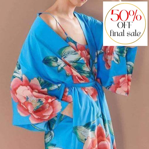 Natori Nova 42" Robe Q74045-Robes-Natori-Blue Floral Print-Small-Anna Bella Fine Lingerie, Reveal Your Most Gorgeous Self!