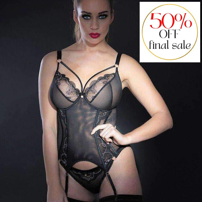 Scantilly Surrender Plunge Basque ST2407-Corsets / Bustiers-Scantilly-Black-30-G-Anna Bella Fine Lingerie, Reveal Your Most Gorgeous Self!