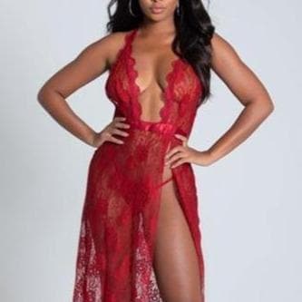Dreamgirl Sheer Mesh & Scalloped Lace Gown with G-String in Garnet 10460-Seduction-Dreamgirl-Garnet-Small-Anna Bella Fine Lingerie, Reveal Your Most Gorgeous Self!